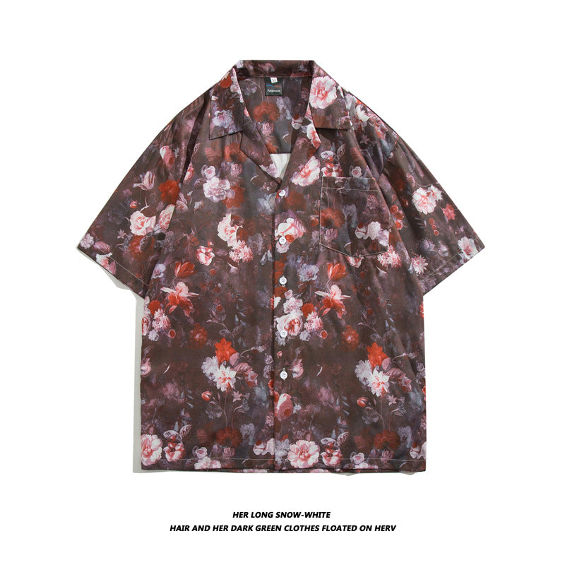Men Casual Vintage Vacation Hawaii Tiny Flower Print Short Sleeve Lapel Shirt