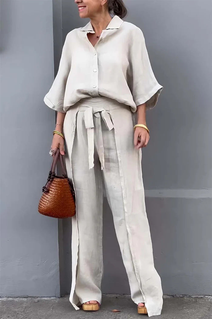 Women Fashion Casual Cotton Linen Laple Top Pants Set