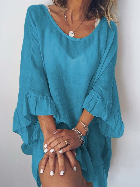 Women Solid Color Stitching Ruffle Sleeves Dress