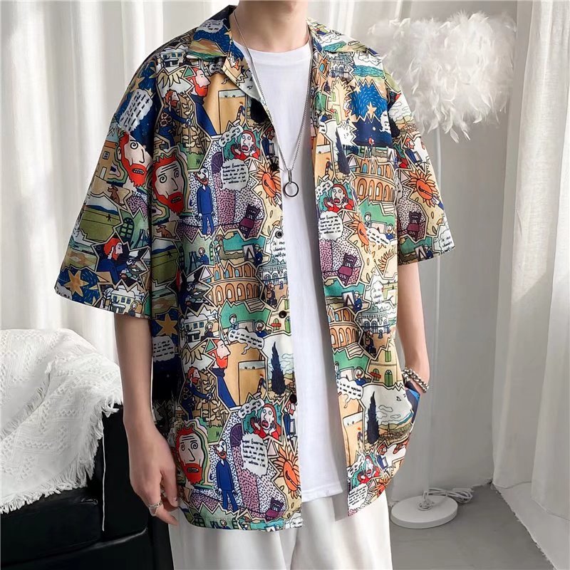 Camisa informal vintage con estampado de flores diminutas para hombre