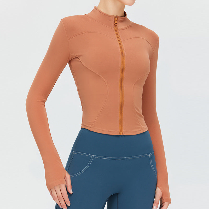 Veste de sport décontractée à manches longues et fermeture éclair pour femme, couleur unie, idéale pour le yoga