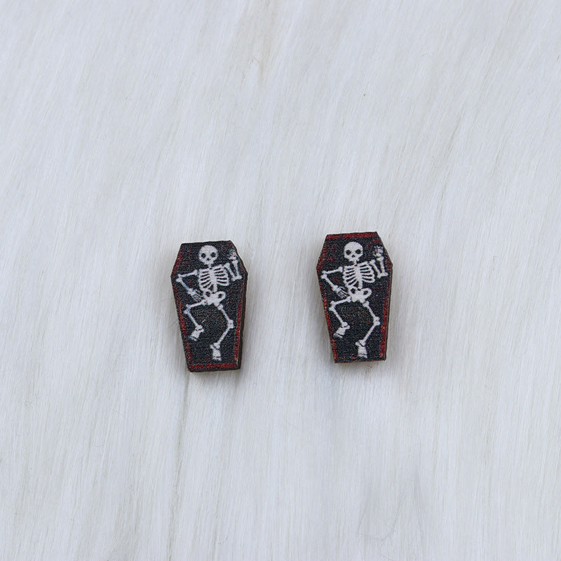 Halloween Women Fashion Wood Print Skull Earrings