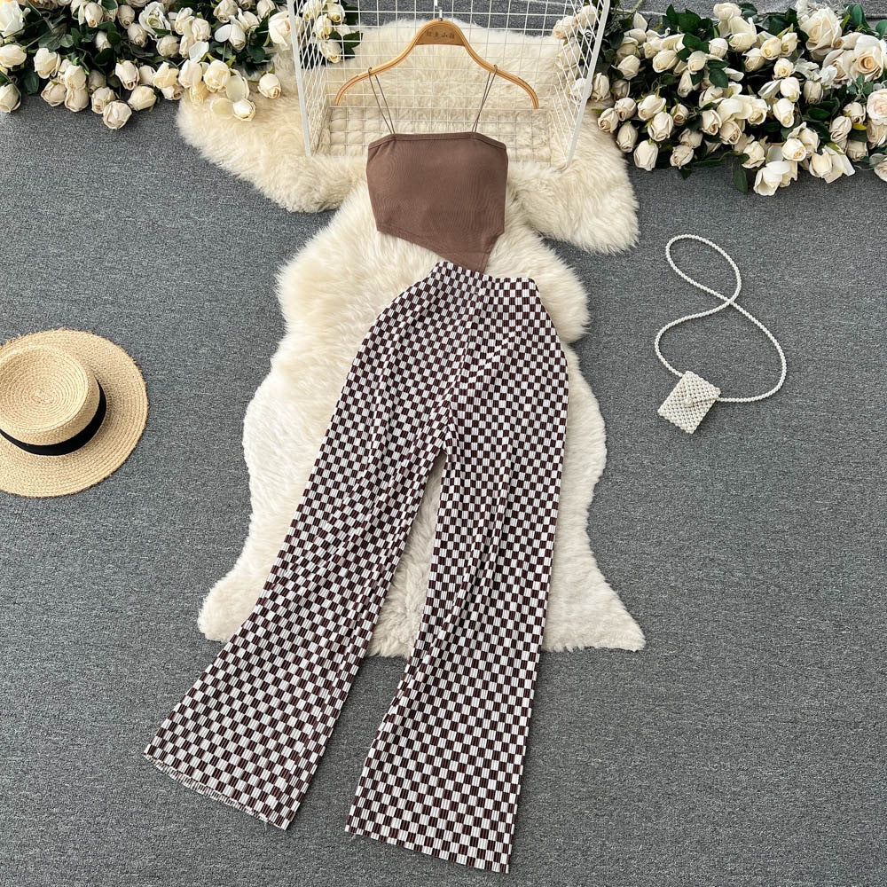 Ensemble deux pièces pour femme, caraco à bretelles spaghetti et pantalon large en tissu mélangé