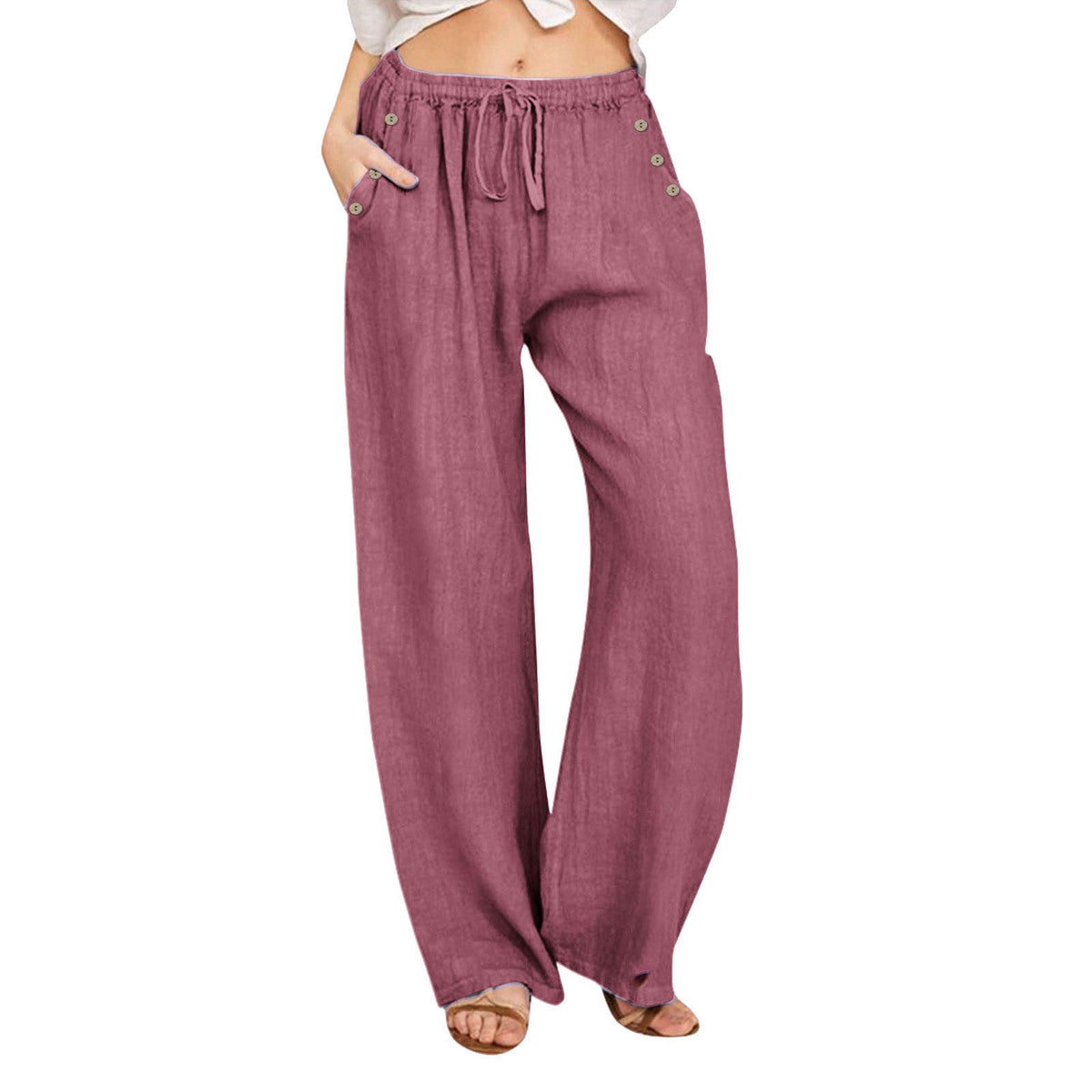 Pantalon décontracté en coton et lin de couleur unie pour femme
