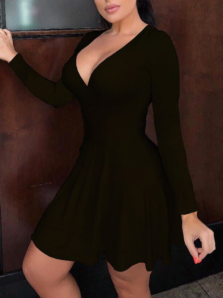 Women Fashion Solid Color Deep V Long Sleeve Dress