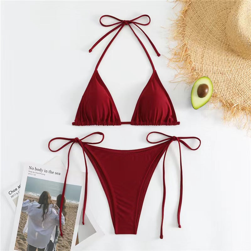 Bikini sexy de cuello halter de color sólido a la moda para mujer
