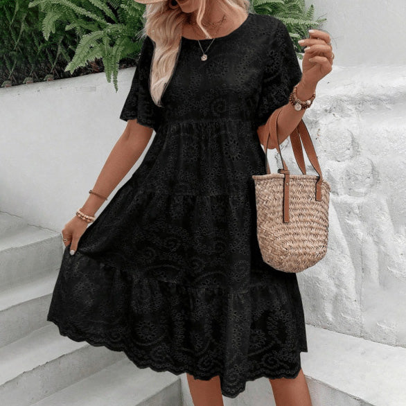Robe décontractée à manches courtes en coton et dentelle pour femme
