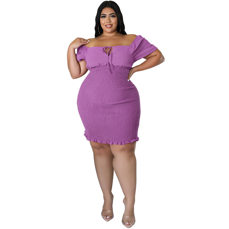 Women Solid Color Off Shoulder Short-Sleeve Dress