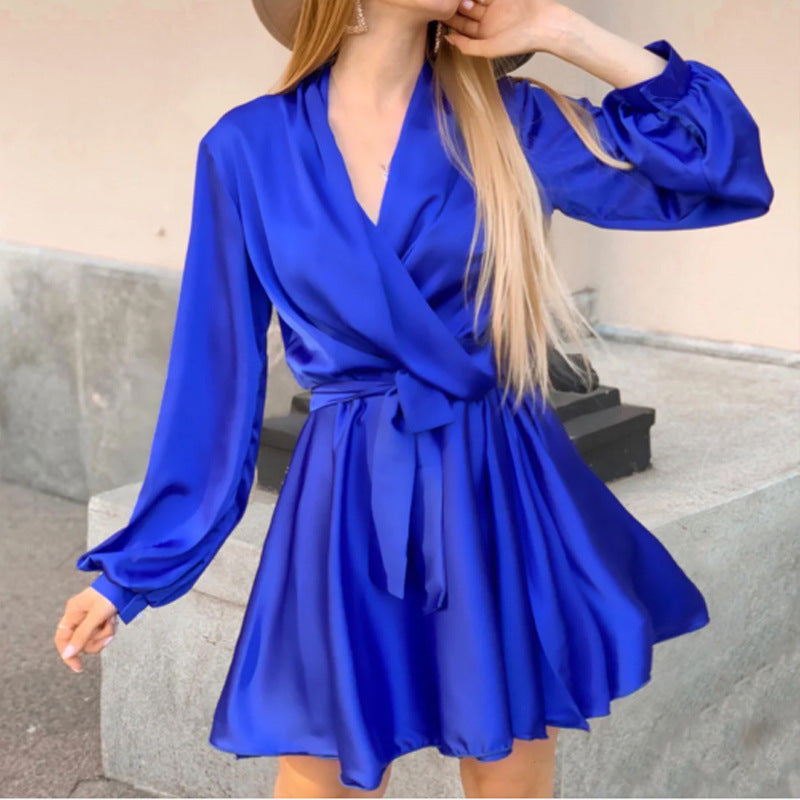 Vestido de satén liso con cuello en V y manga larga para mujer