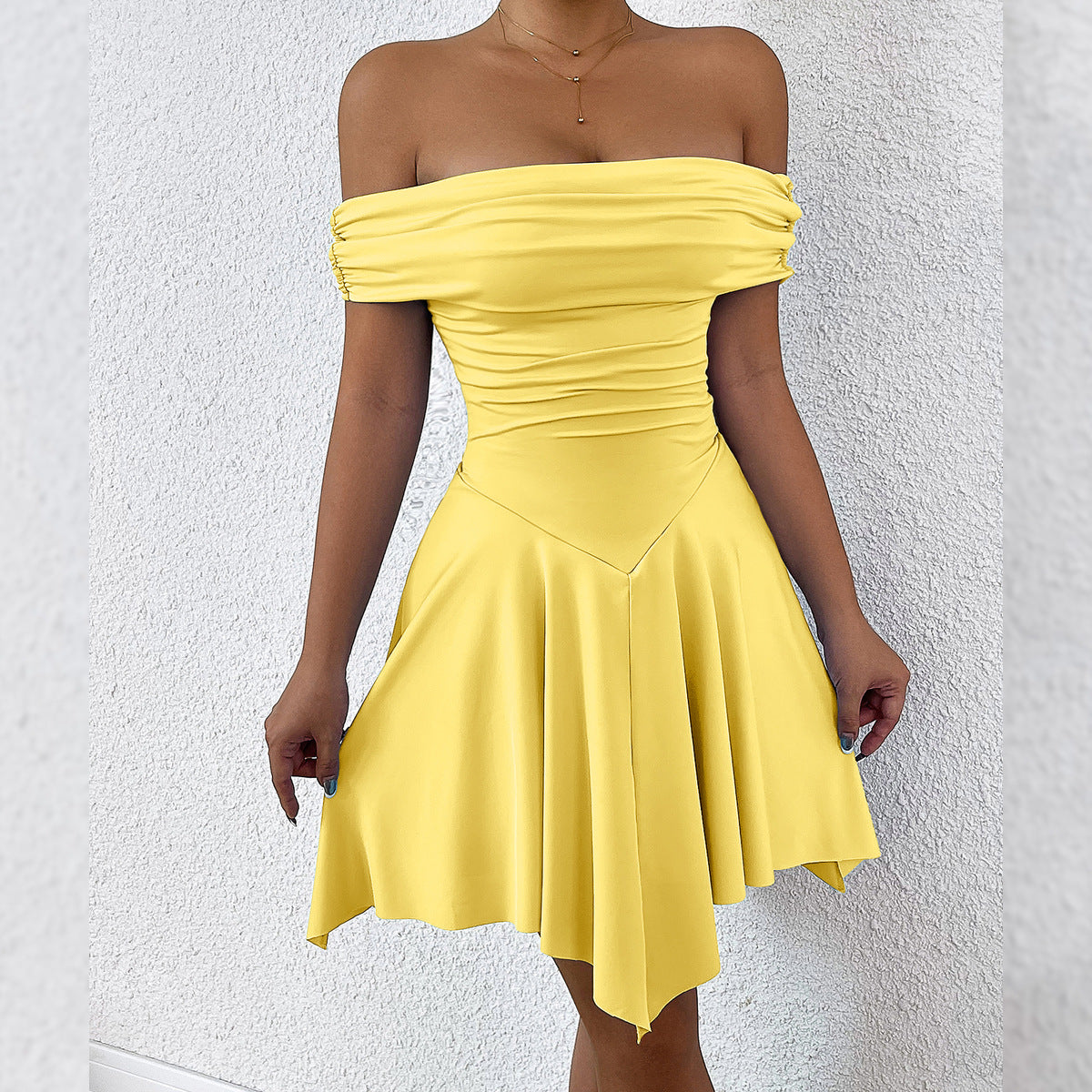 Women Fashion Solid Color Shoulder Irregular Dress in Gourmet Milk Silk