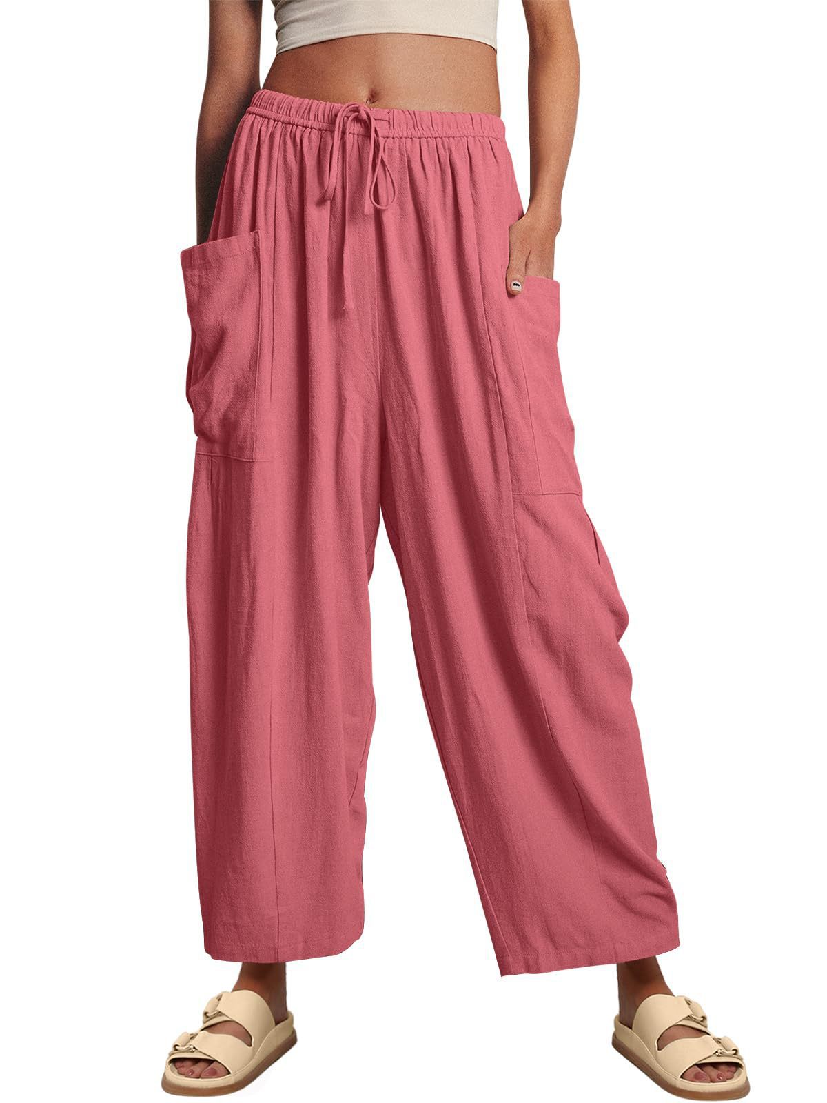Pantalones anchos de cintura alta de lino y algodón para mujer