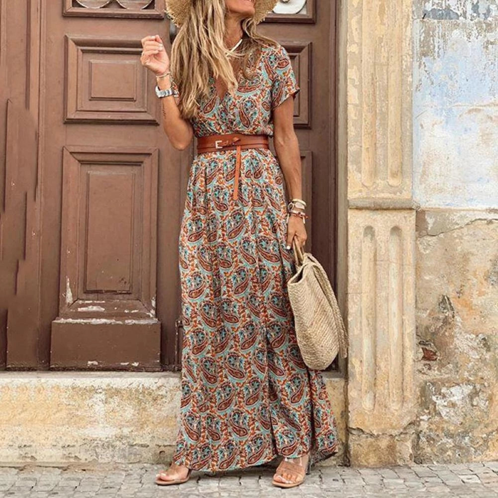 Vestido largo bohemio vintage de verano para mujer, sexy, con escote en V y mangas cortas, con cinturón