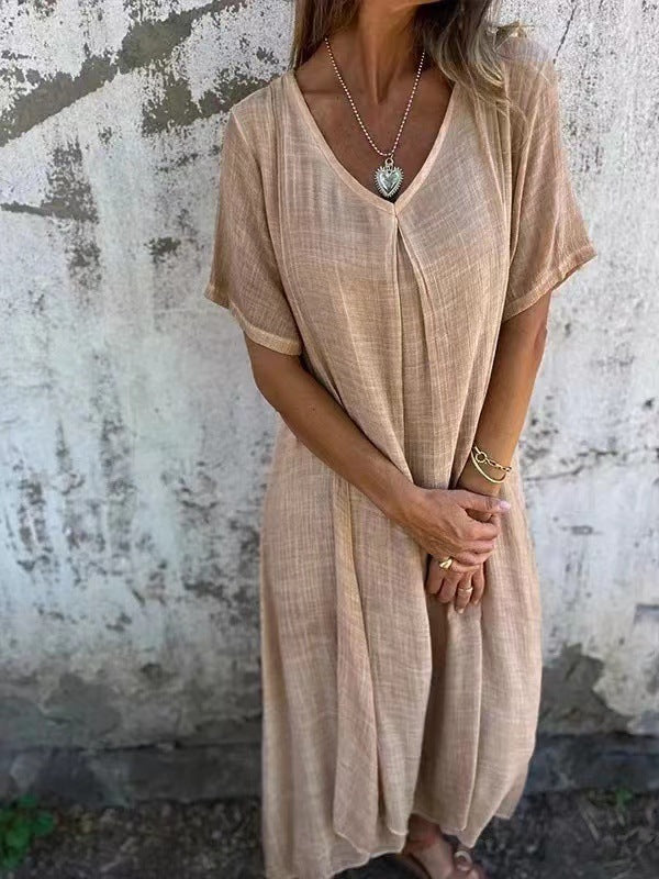 Vestido informal de verano para mujer, holgado, de algodón y lino con cuello en V