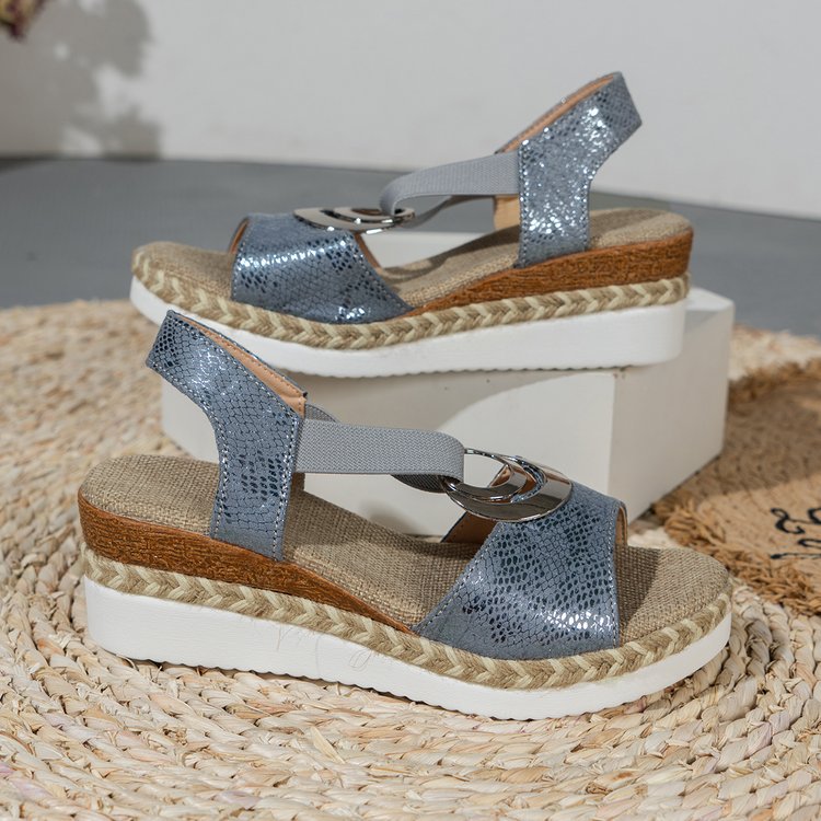 Sandales compensées à bout ouvert pour femmes, décontractées, en corde de chanvre, avec boucle en métal, pour les vacances