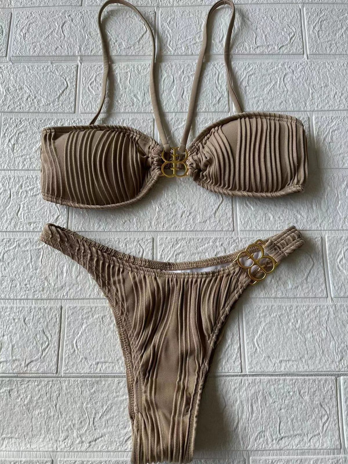 Bikini plisado de color sólido sexy de moda para mujer