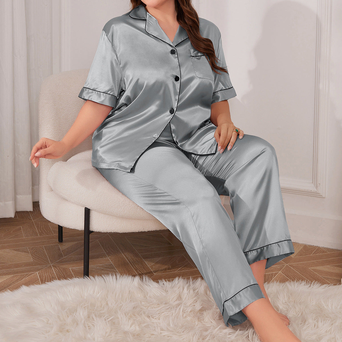 Women Large Size Elegant Silk Short Sleeve Pajamas Set