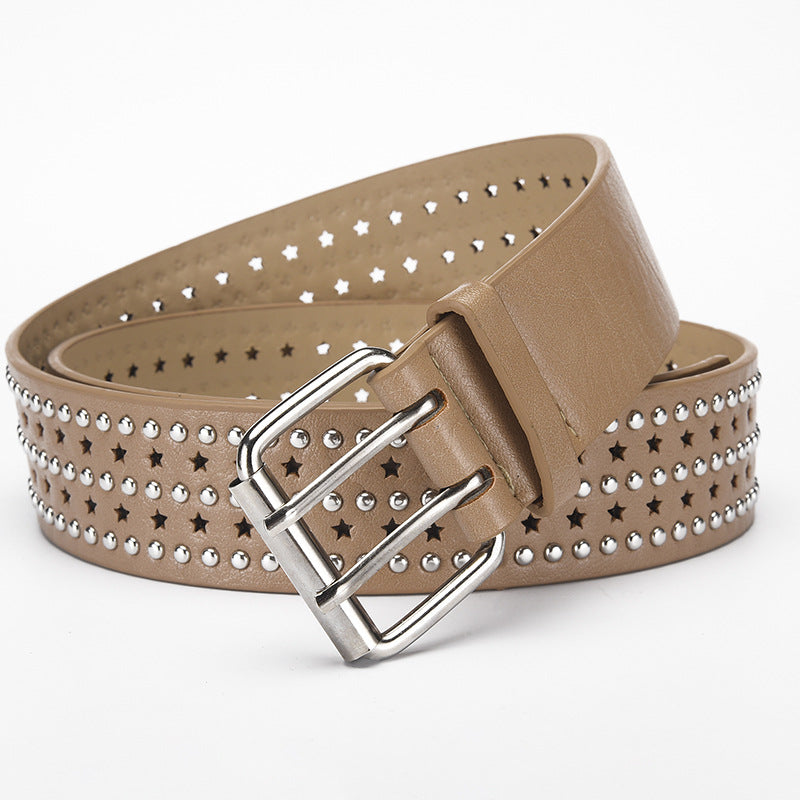 Cinturón de cuero hueco con estrella de cinco puntas y remaches multicapa de color liso para mujer