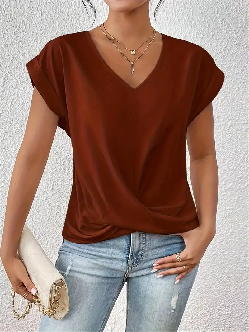 Summer Women Casual Solid Color V-Neck Short Sleeve Blank T-Shirt