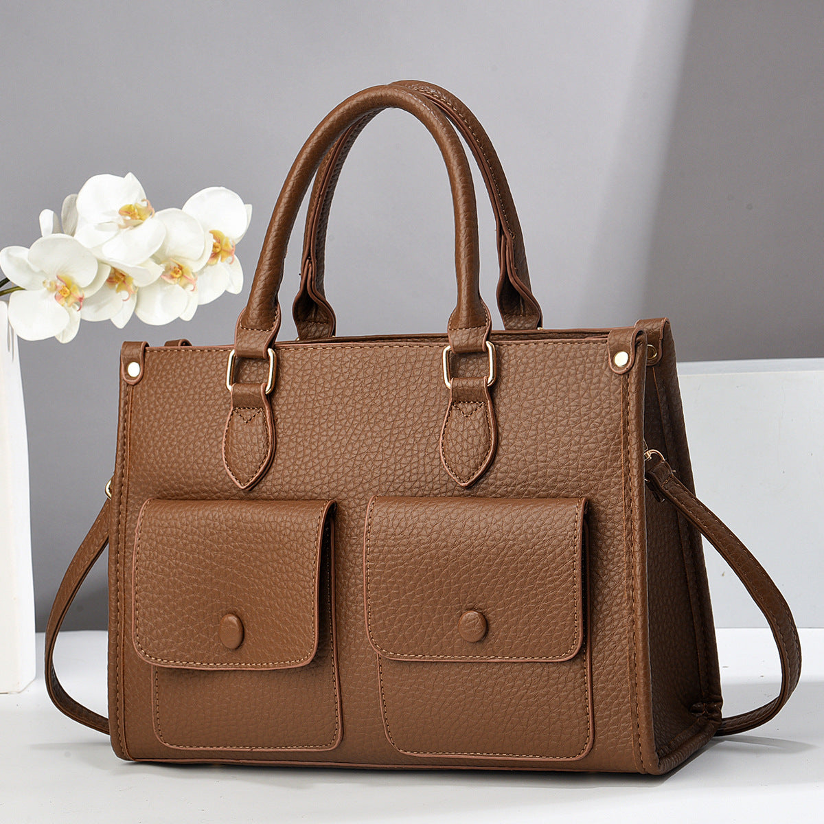 Bolso de mano informal de color liso con doble bolsillo para mujer