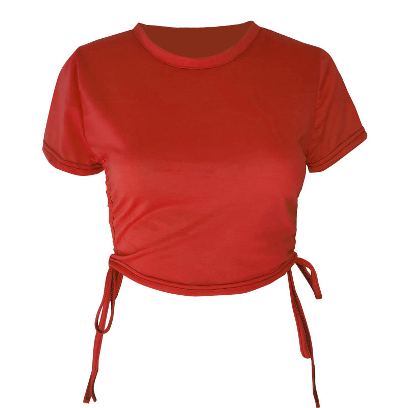 Top corto de manga corta con cordón ajustable, sexy, de color liso, a la moda para mujer