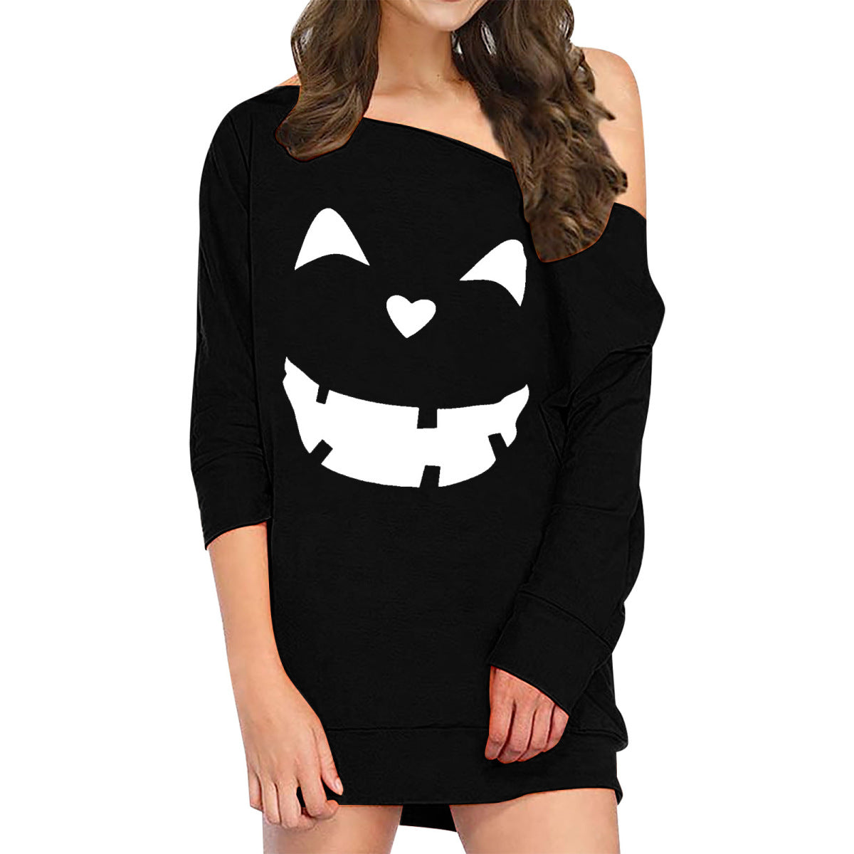 Vestido holgado de manga larga con estampado de calabaza y sonrisa de Halloween para mujer