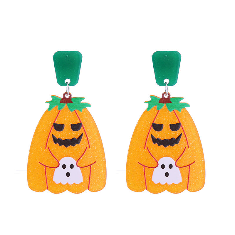 Halloween Women Funny Creative Acrylic Pumpkin Skeleton Ghost Earrings