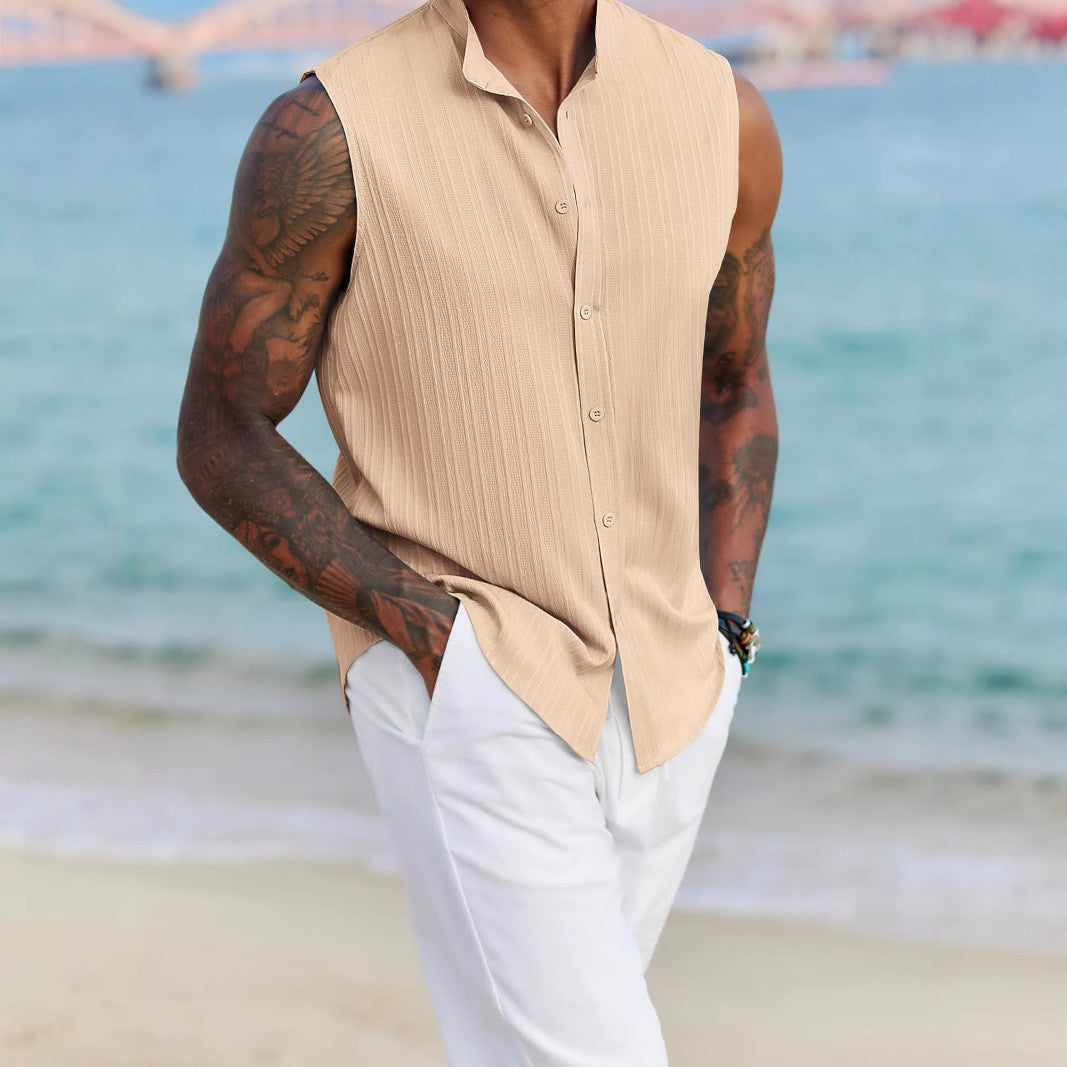 Men's Casual Sleeveless Button-Up Shirt in Solid Colors