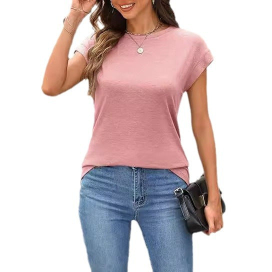 Camiseta informal de verano para mujer, color liso, cuello redondo, manga corta, sin mangas