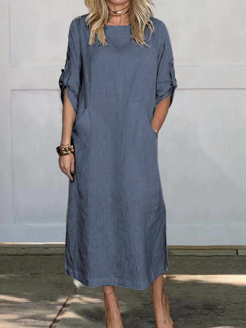 Summer Women Casual Solid Color Round Neck Dress