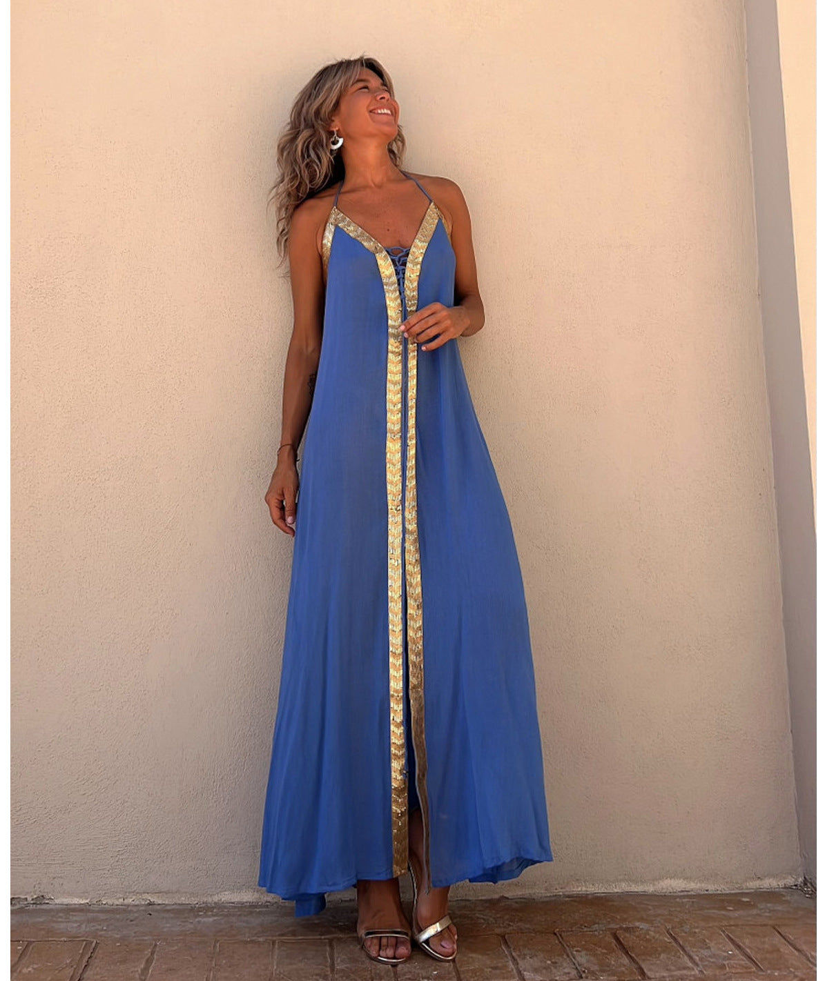 Vestido largo informal de verano con cuello halter y mangas abullonadas para primavera y verano