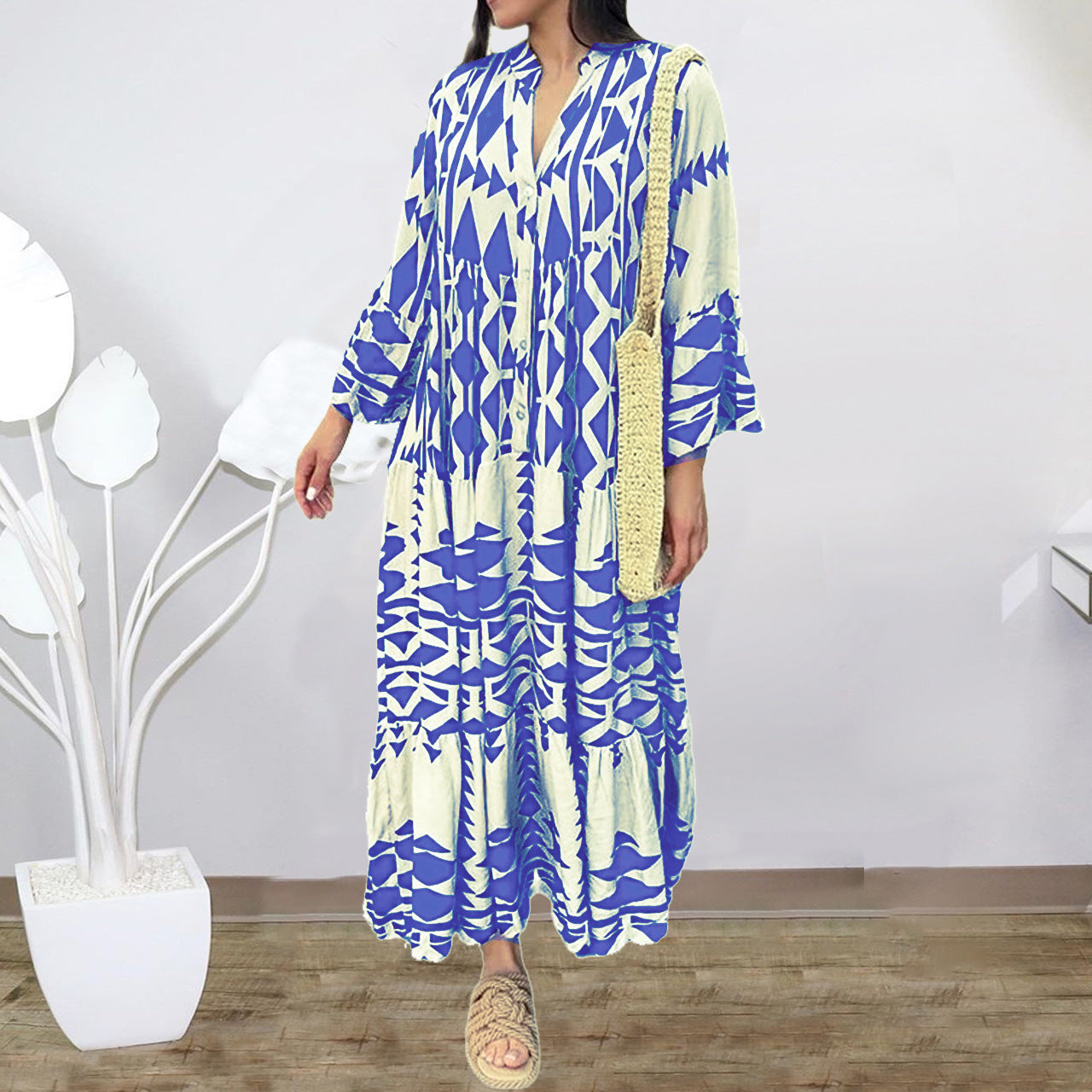 Women Casual Boho Geometry Print V Neck Single-Breasted Maxi Shirt Dress