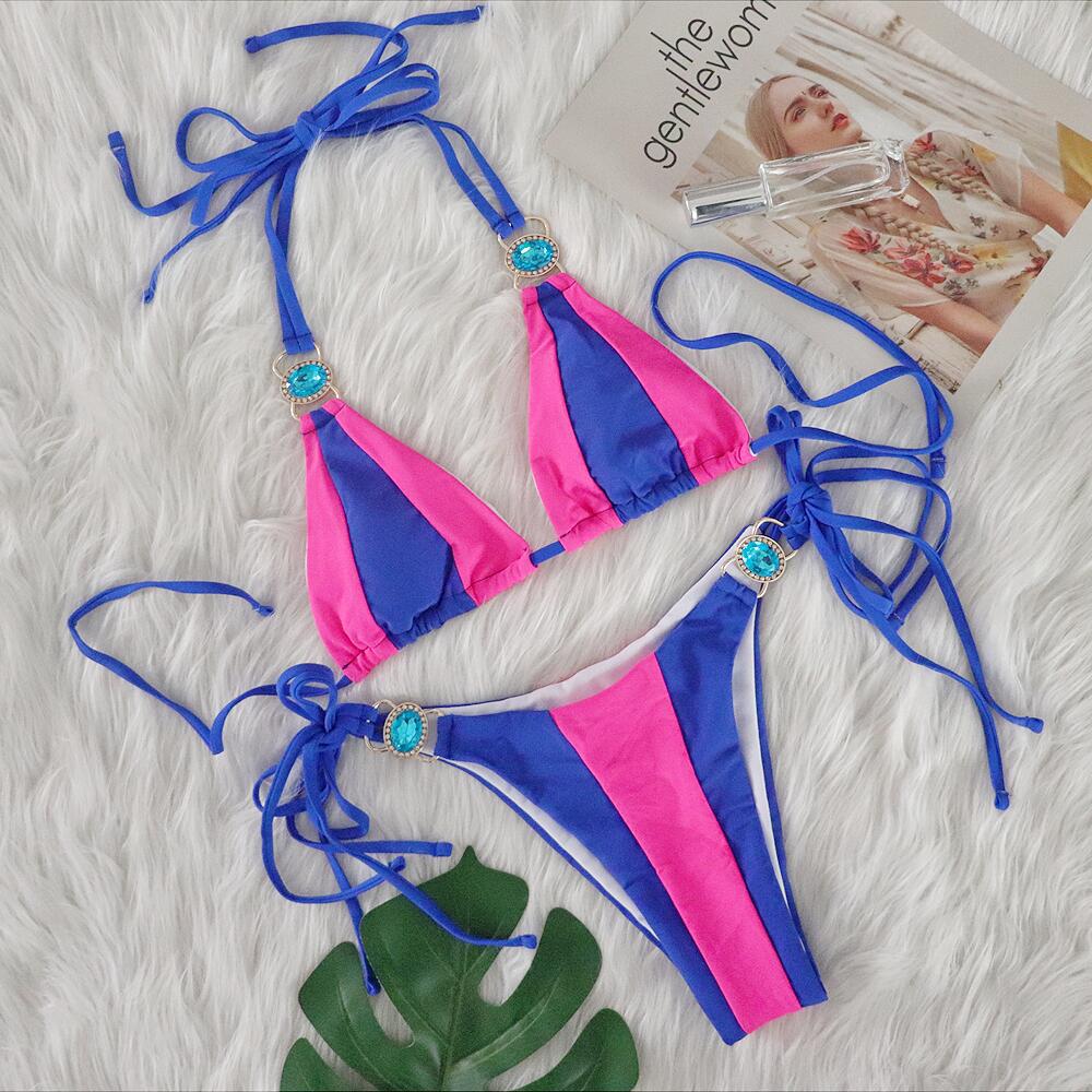 Vacation Women Sexy Rhinestone Contrast Bikini