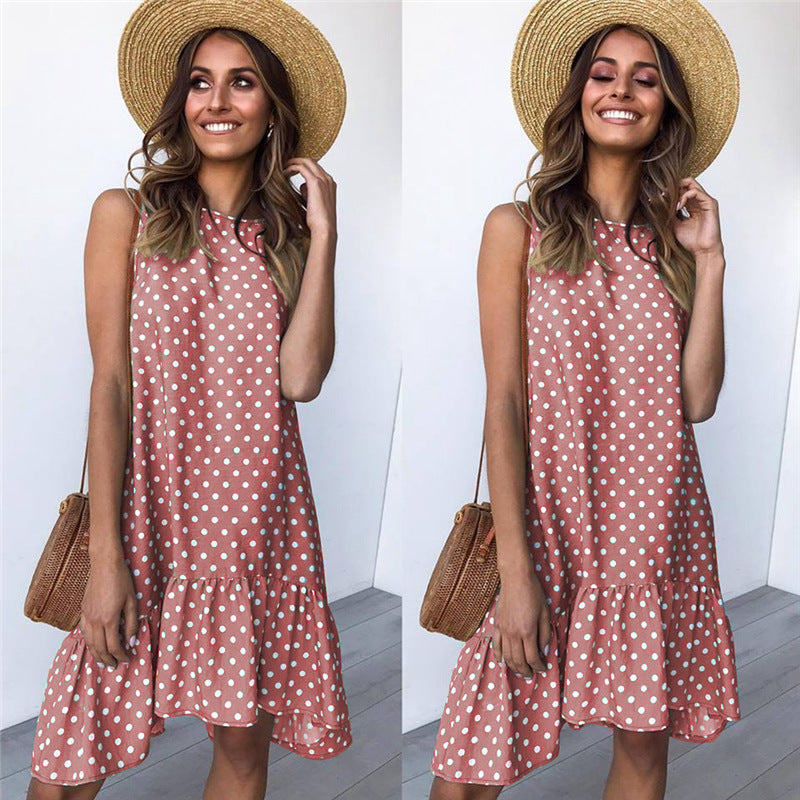 Minivestido playero bohemio de verano con lunares, sin mangas y volantes para mujer