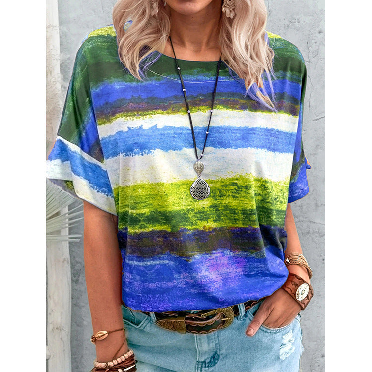 Camiseta informal de manga corta con estampado multicolor de mezcla de algodón para mujer