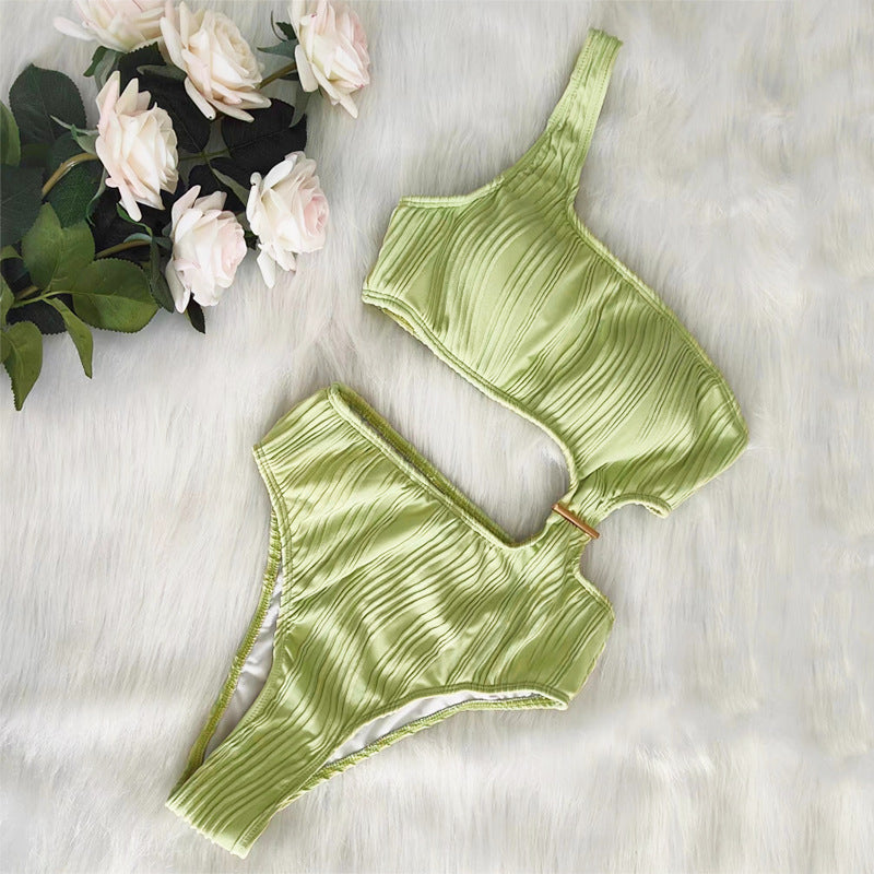 Traje de baño sexy de un solo hombro con huecos de color sólido para mujer
