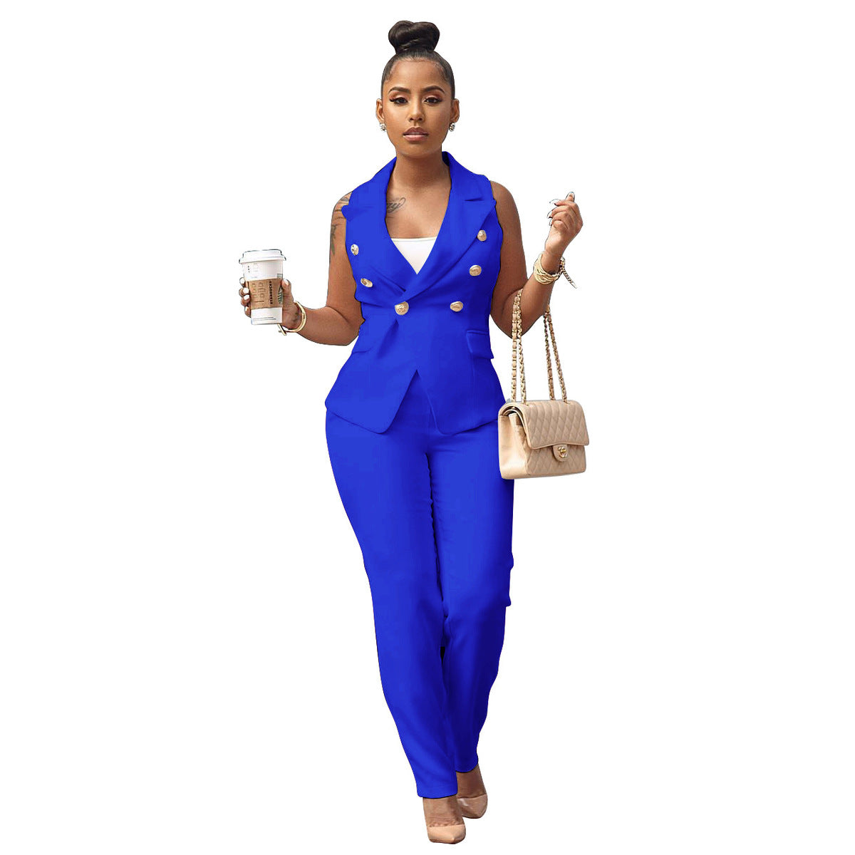 Ensemble débardeur décontracté à col en V et couleur unie pour femme