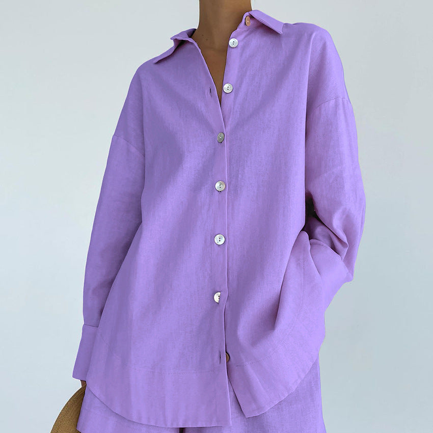 Women Fashion Solid Color Cotton Linen Pajamas Set
