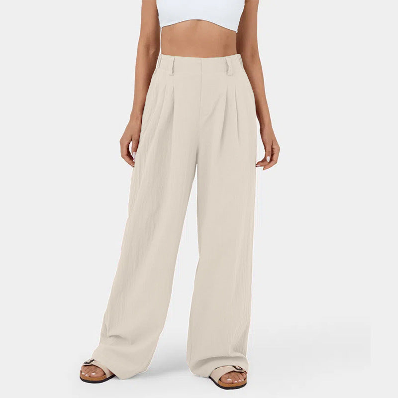 Pantalones casuales de algodón con cintura alta y pierna ancha para mujer