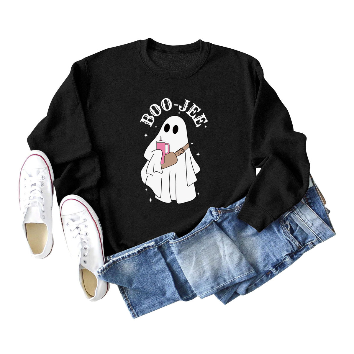 Sweat-shirt ras du cou imprimé fantôme de dessin animé pour femme Halloween