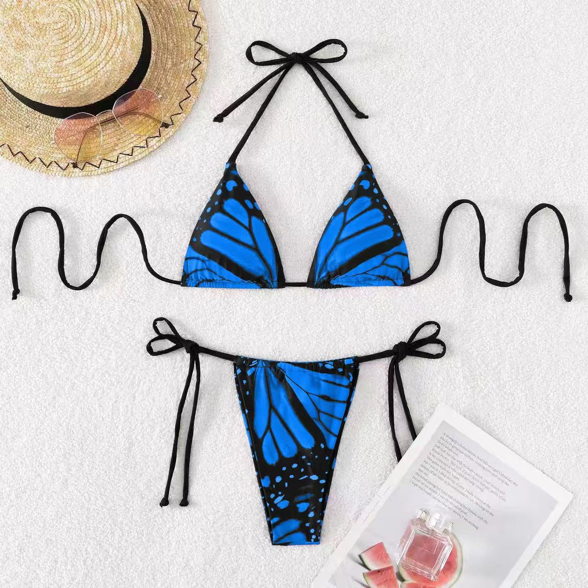 Bikini sexy con cuello halter y estampado de mariposas para mujer