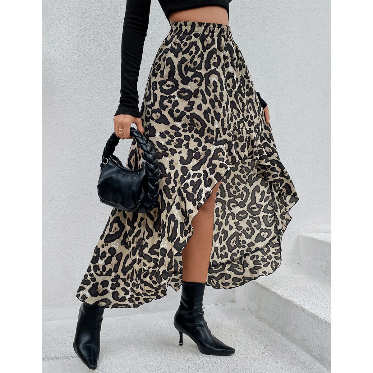Women Fashion Leopard Print Irregular Hem Skirt