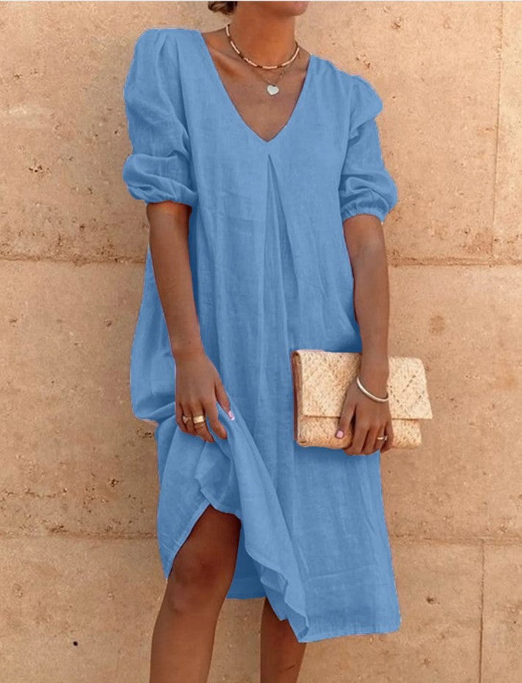 Women Casual Long Sleeve Cotton Linen Dress