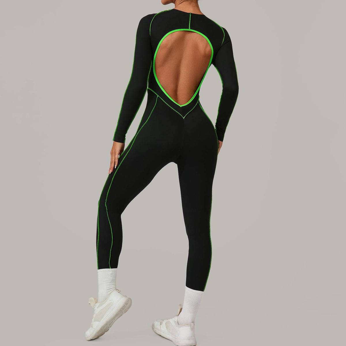 Combinaison de yoga dos nu à manches longues et couleurs assorties pour femmes