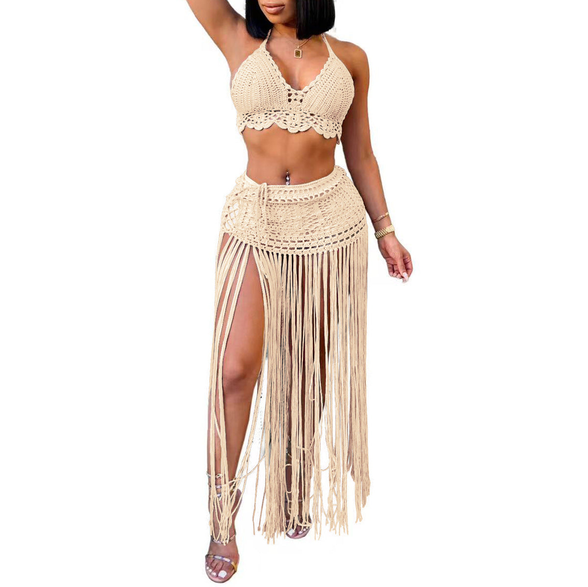 Women Summer Vacation Solid Color Crochet Tassel Coverup Set