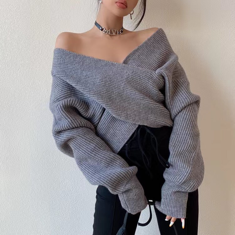 Women Autumn And Winter Cross V-Neck Knitted Sweater