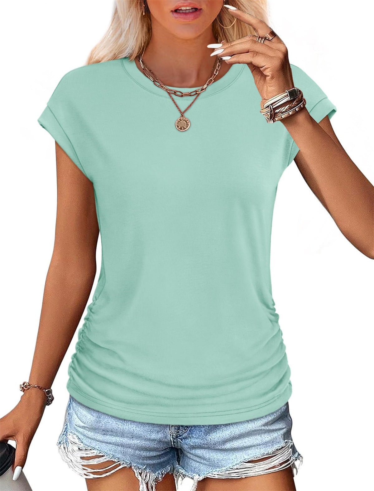 T-shirt décontracté à manches courtes en coton et soie pour femme, couleur unie