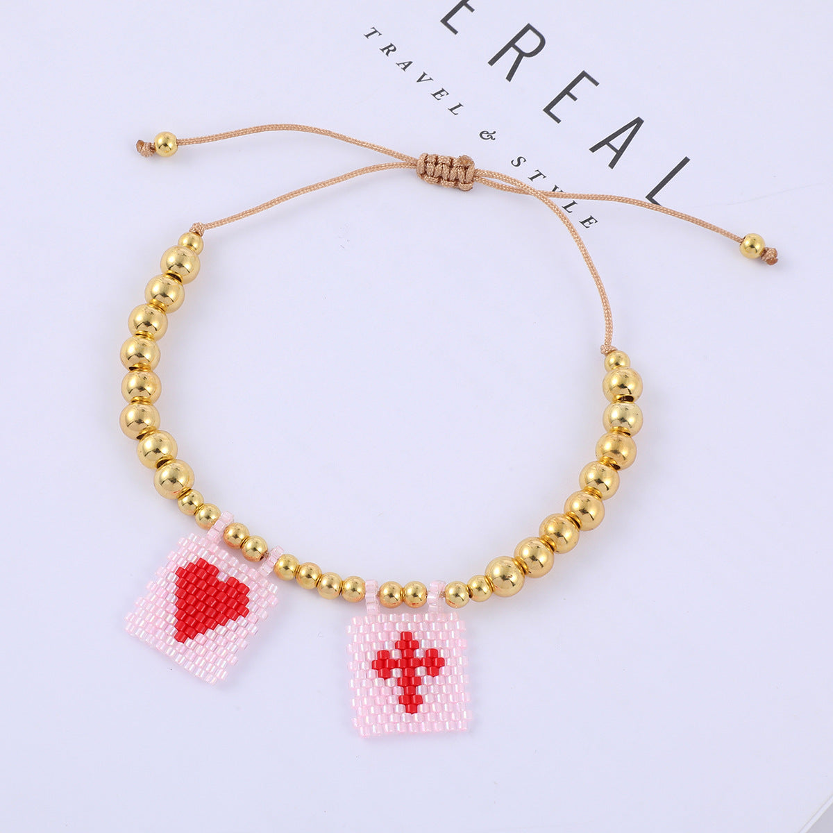Bohemian Gold Beads Cross Heart Design Bracelet