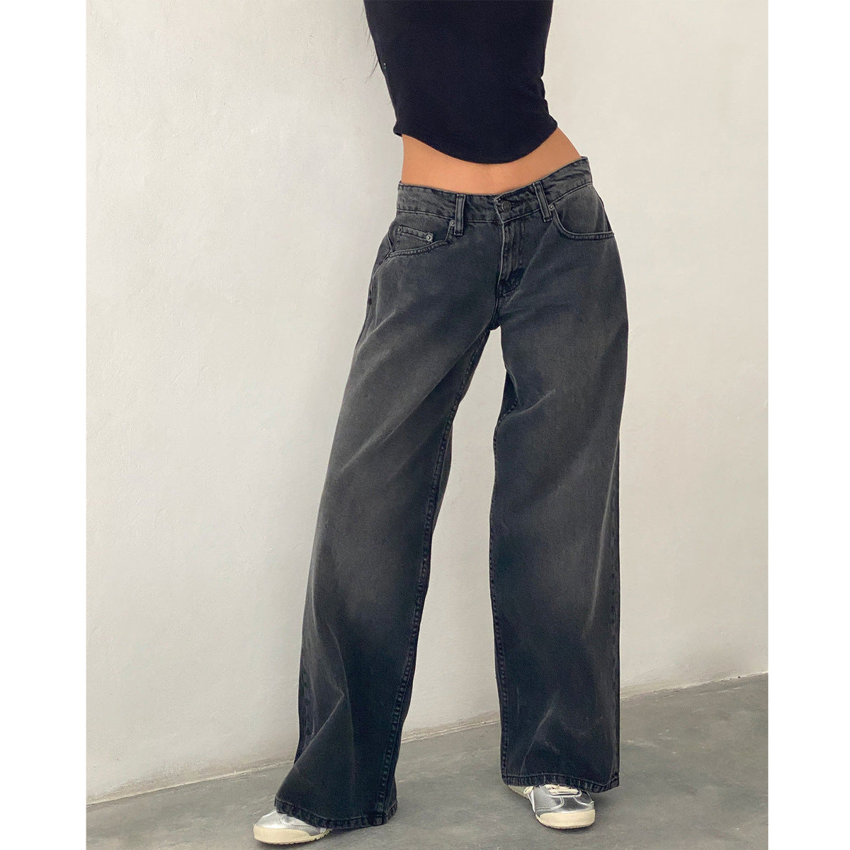Vaqueros rectos de cintura baja de color liso retro casual para mujer