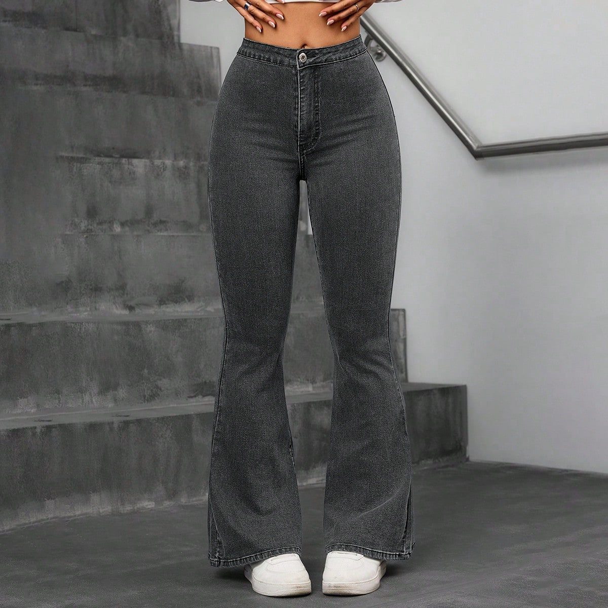 Women Fashion Casual Solid Color Stretch High Waist Wide Leg Flared Jeans