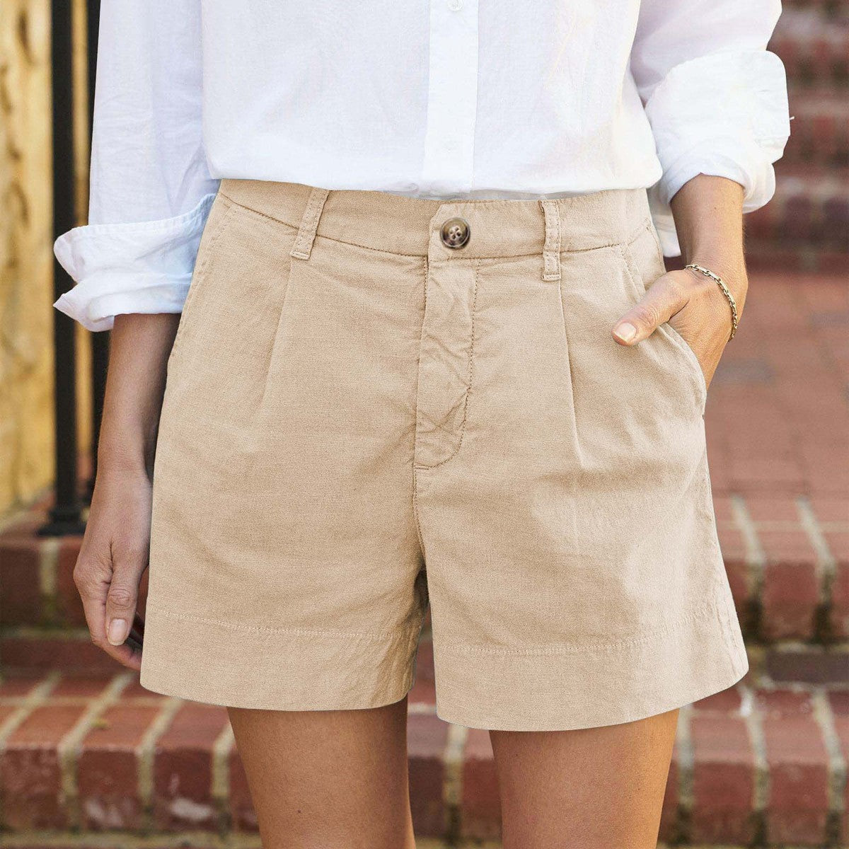 Pantalones cortos casuales de algodón y lino de color liso para mujer